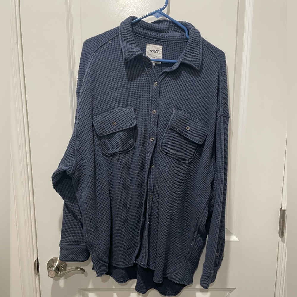 Aerie. Oversized waffle button up. Navy size L